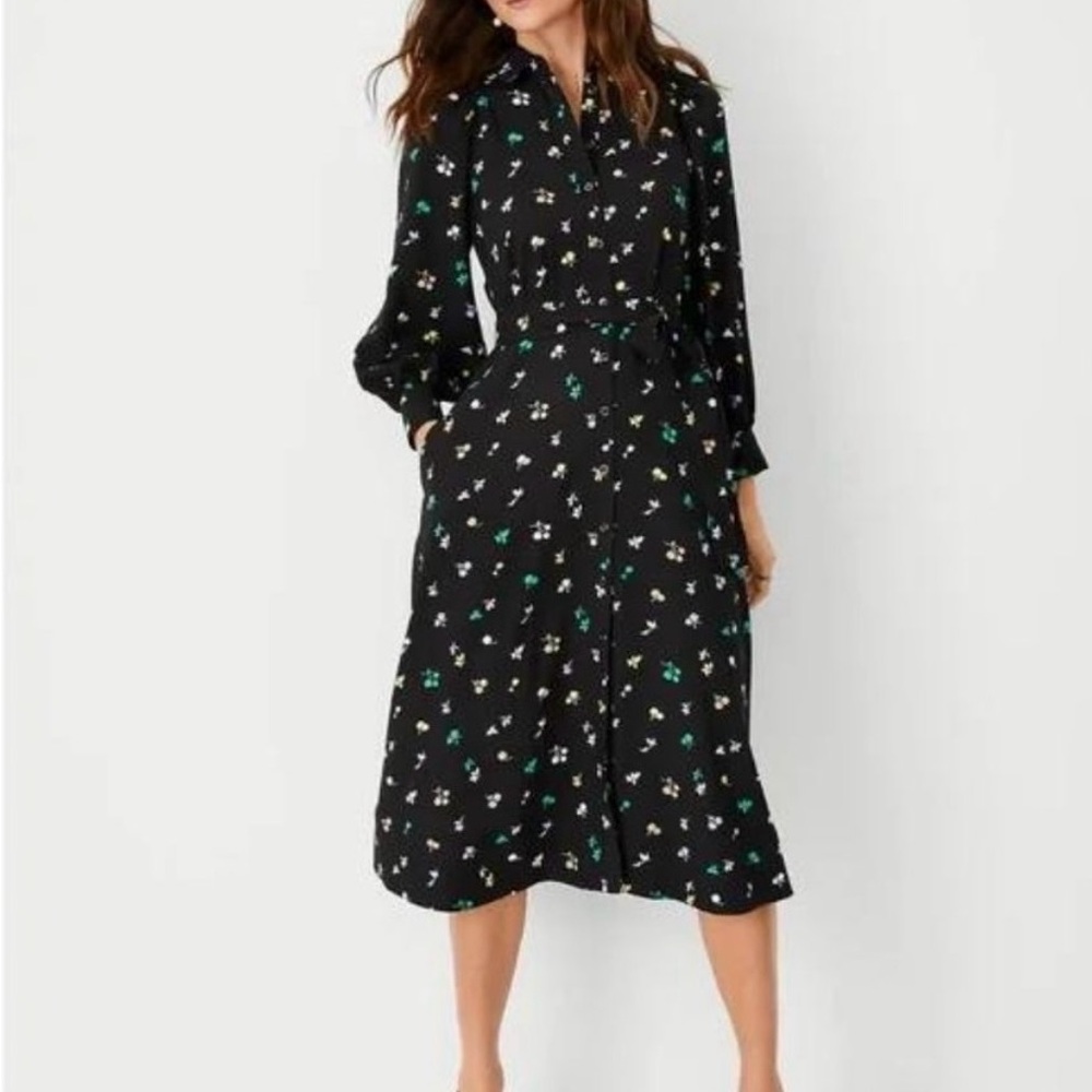 Ann Taylor Black Floral Long Sleeve Dress